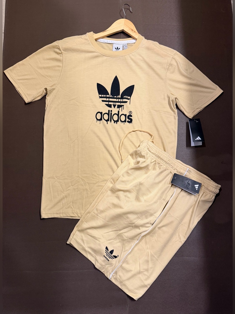 adidas 2pc Beige Athletic Shorts And Shirt with Black Trefoil Logo
